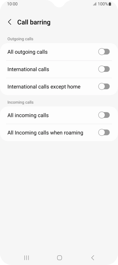 Press the indicator next to the required barring type to turn the function on or off.