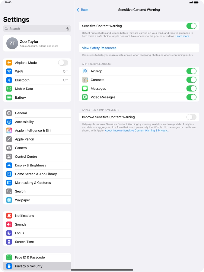 Press the indicators next to the required applications to turn the function on or off.