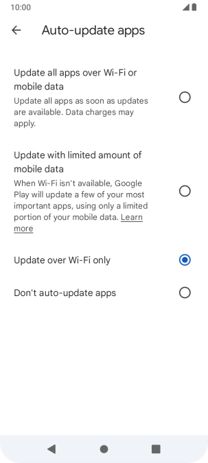 To turn on automatic update of apps using mobile network, press Update all apps over Wi-Fi or mobile data.