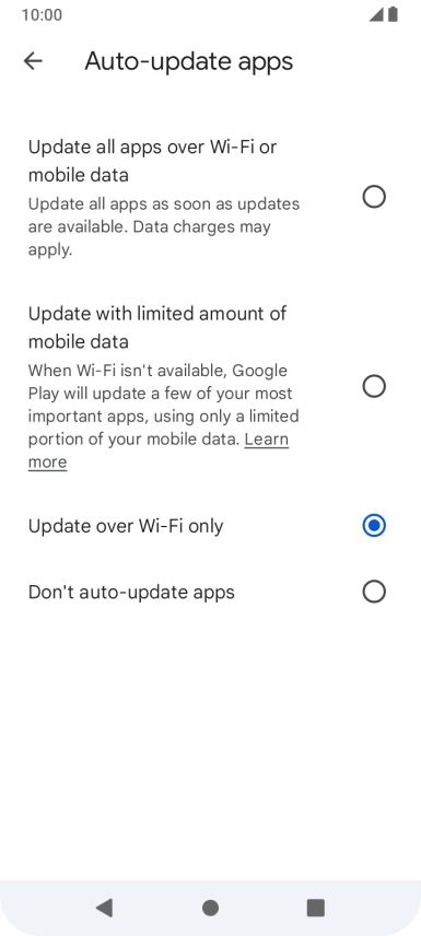 To turn on automatic update of apps using mobile network, press Update all apps over Wi-Fi or mobile data.