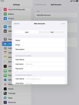 Press Username and key in the username for your email account.