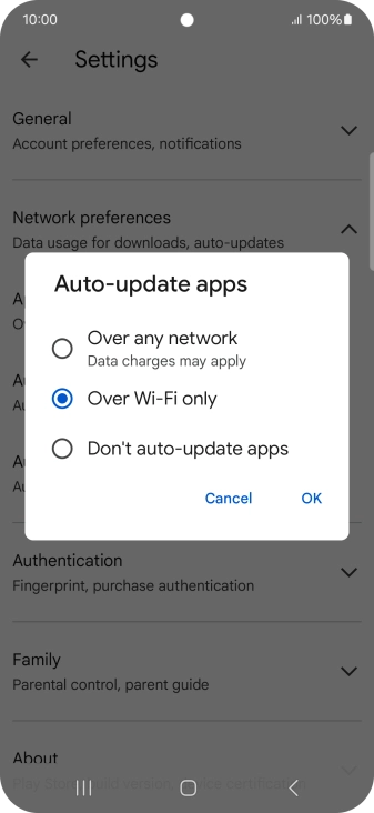 To turn on automatic update of apps using mobile network, press Over any network.