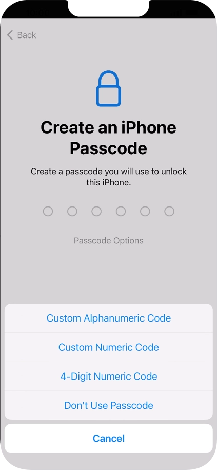 Follow the instructions on the screen to turn on use of phone lock code or press Don't Use Passcode.