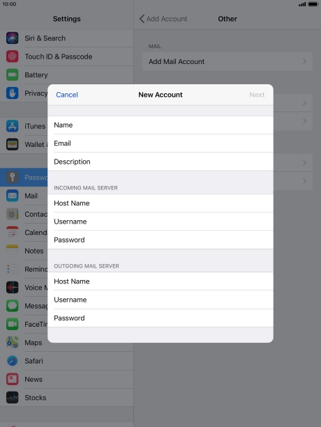 Press Username and key in the username for your email account.