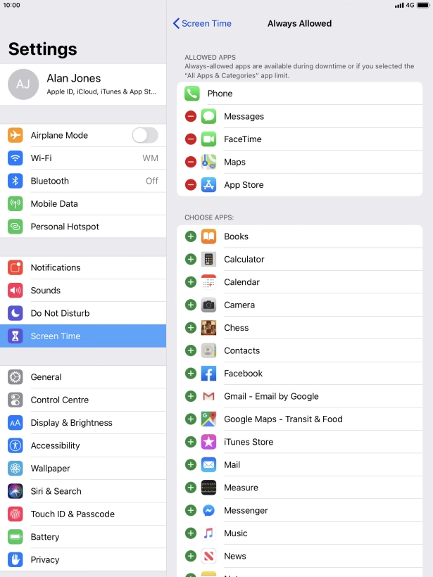 Press the add icon next to the required app to add it to the list of allowed apps during Downtime.