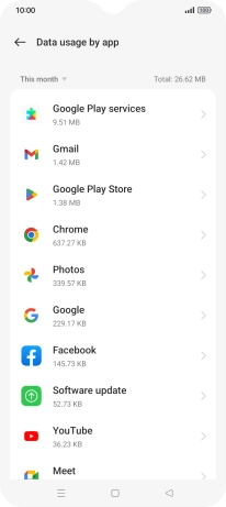 The data usage for each application is displayed below the name of the application.