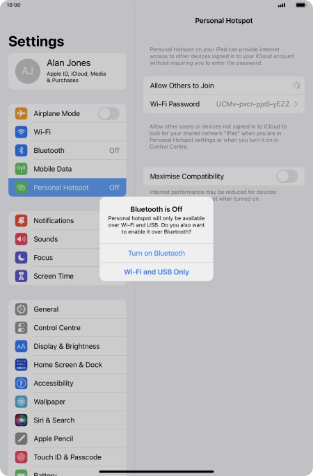 If Wi-Fi is turned on, press Wi-Fi and USB Only.