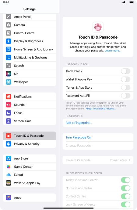 Press Turn Passcode On and key in a lock code of your own choice twice.