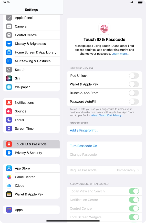 Press Turn Passcode On and key in a lock code of your own choice twice.