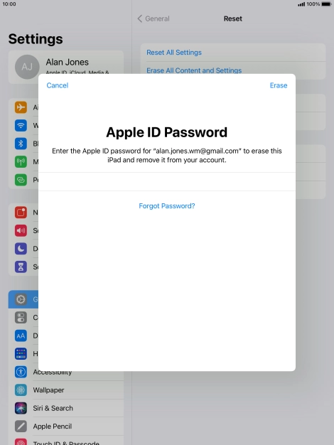 Key in the password for your Apple ID and press Erase. Wait a moment while the factory default settings are restored. Follow the instructions on the screen to set up your tablet and prepare it for use.