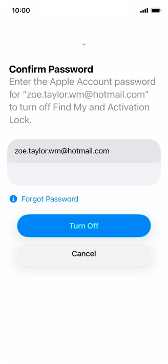 Key in the password for your Apple Account and press Turn Off. Wait a moment while the factory default settings are restored. Follow the instructions on the screen to set up your phone and prepare it for use.