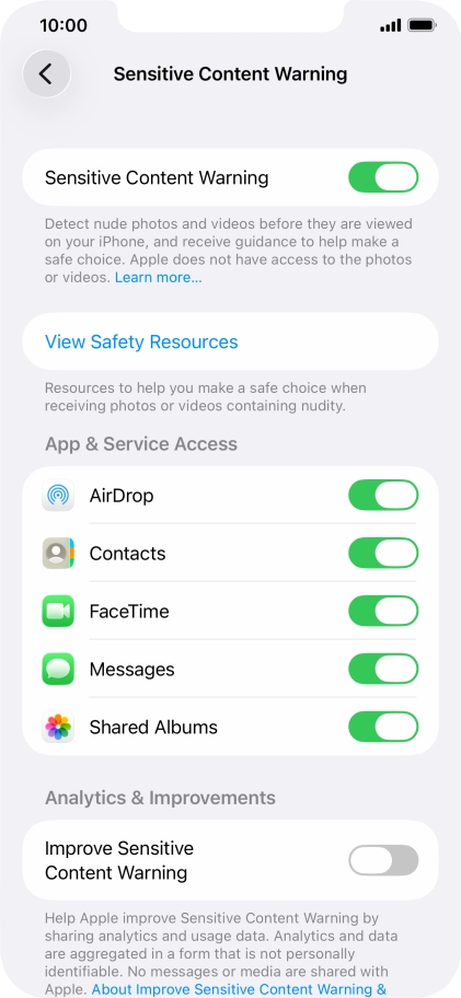 Press the indicators next to the required applications to turn the function on or off.