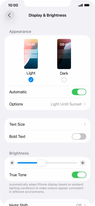 If you turn on the function, press Options and follow the instructions on the screen to select the required period of time for Dark Mode.