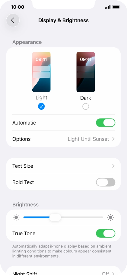 If you turn on the function, press Options and follow the instructions on the screen to select the required period of time for Dark Mode.