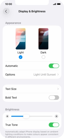 If you turn on the function, press Options and follow the instructions on the screen to select the required period of time for Dark Mode.