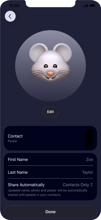 Press the name fields and follow the instructions on the screen to edit your name on the Contact Poster.