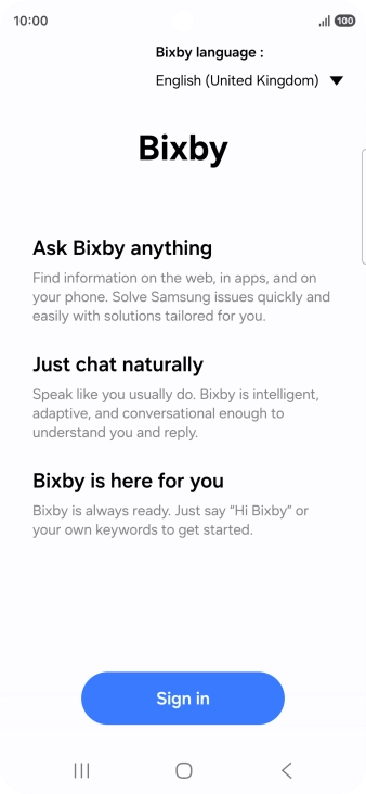 Press Sign in and follow the instructions on the screen to log on to your Samsung account.