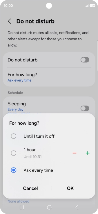Press the required setting.