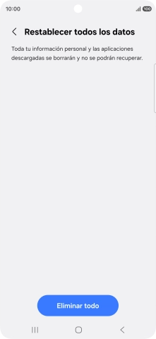 Pulsa Eliminar todo. Espera unos instantes mientras el teléfono restablece la configuración predeterminada. Sigue las indicaciones de la pantalla para configurar el teléfono y dejarlo listo para su uso.