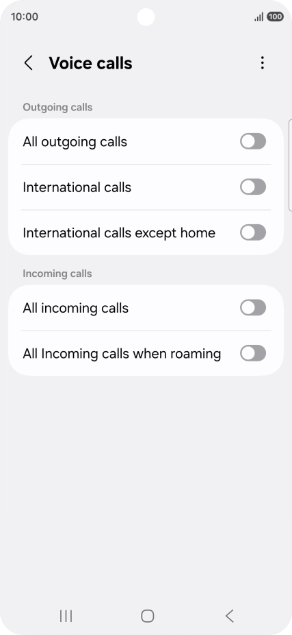 Press the indicator next to the required barring type to turn the function on or off.