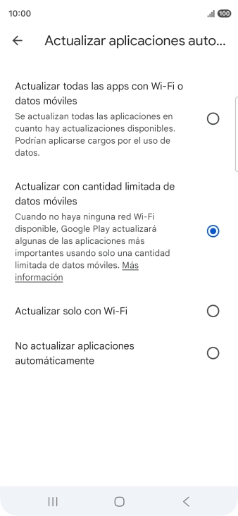 Para activar la actualización automática de apps utilizando la red móvil, pulsa Actualizar todas las apps con Wi-Fi o datos móviles.