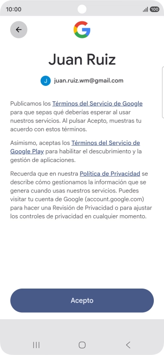 Pulsa Acepto y sigue las indicaciones de la pantalla para seleccionar los ajustes de tu cuenta de Google.