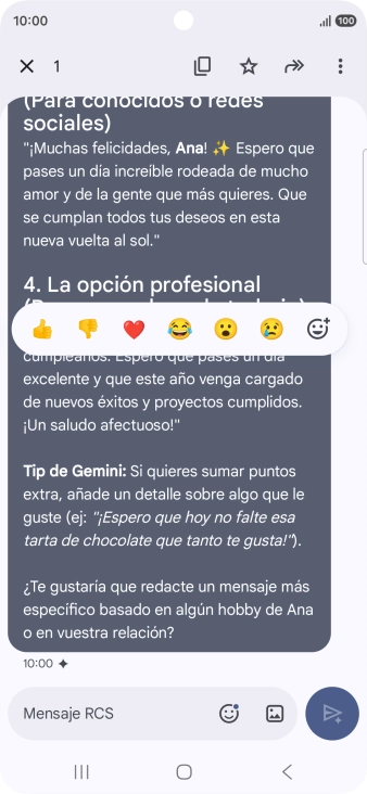 Pulsa la propuesta de texto de Gemini durante unos instantes. Sigue las indicaciones de la pantalla para utilizar el texto propuesto.