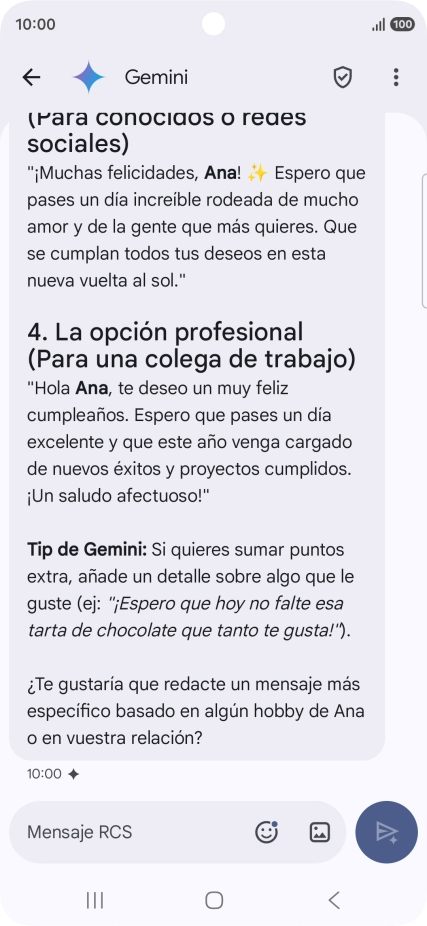 La propuesta de texto de Gemini se visualiza ahora en la pantalla.