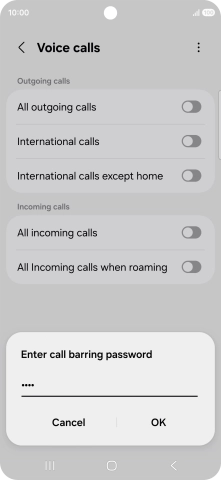 Key in your barring password and press OK. The default barring password is 1919.