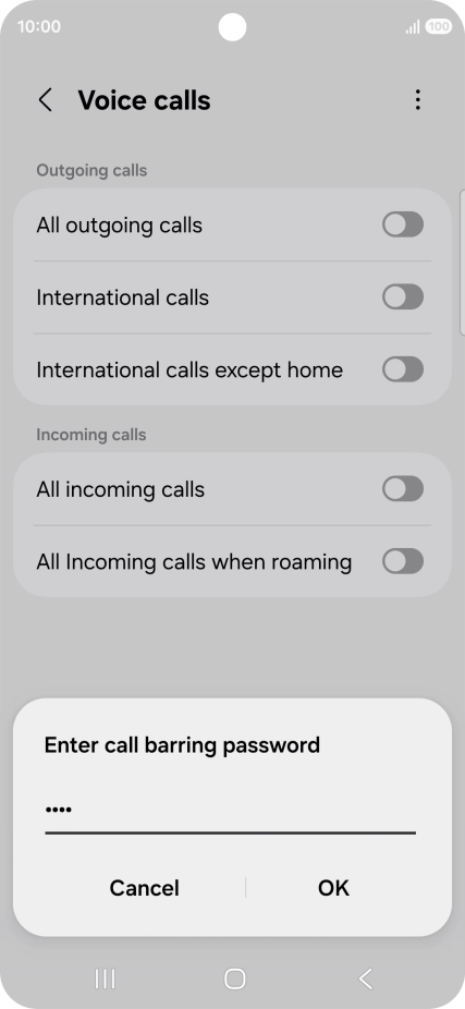 Key in your barring password and press OK. The default barring password is 1919.