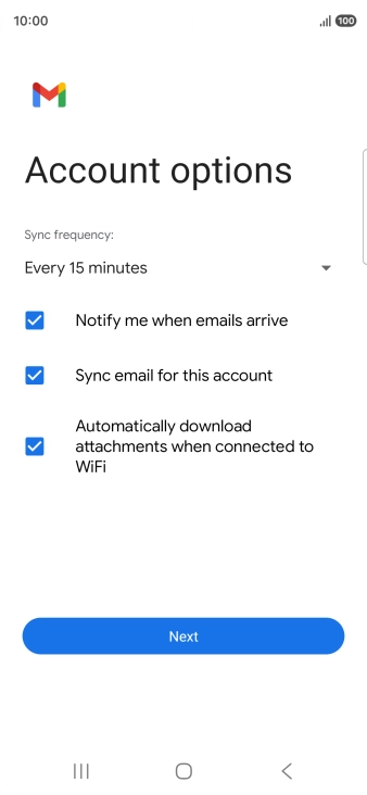 If this screen is displayed, you email account has been recognised and set up automatically. Follow the instructions on the screen to key in more information and finish setting up your phone.