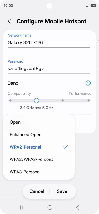 Press WPA3-Personal to password protect your Wi-Fi hotspot.