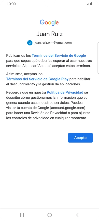 Pulsa Acepto y sigue las indicaciones de la pantalla para seleccionar los ajustes de tu cuenta de Google.