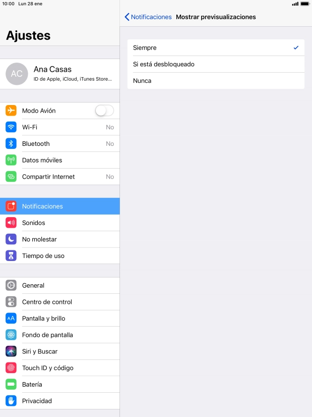 Para seleccionar la vista previa de las notificaciones en la pantalla de bloqueo, pulsa Siempre.