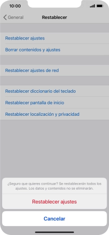 Pulsa Restablecer ajustes. Espera unos instantes mientras el teléfono restablece la configuración predeterminada. Sigue las indicaciones de la pantalla para configurar el teléfono y dejarlo listo para su uso.