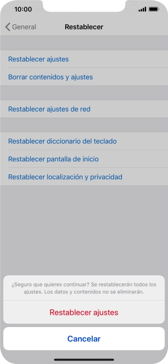 Pulsa Restablecer ajustes. Espera unos instantes mientras el teléfono restablece la configuración predeterminada. Sigue las indicaciones de la pantalla para configurar el teléfono y dejarlo listo para su uso.