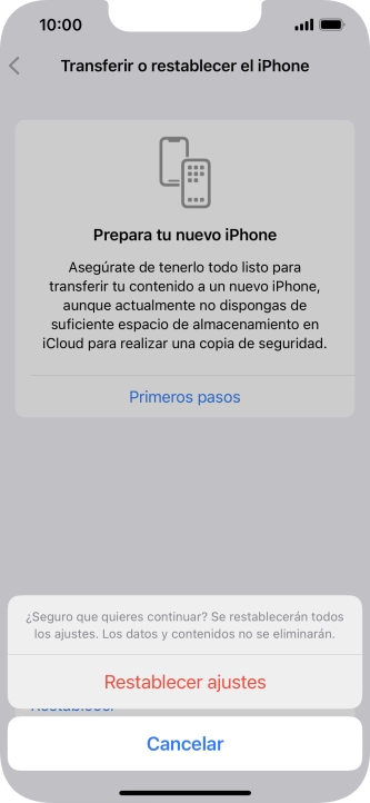 Pulsa Restablecer ajustes. Espera unos instantes mientras el teléfono restablece la configuración predeterminada. Sigue las indicaciones de la pantalla para configurar el teléfono y dejarlo listo para su uso.