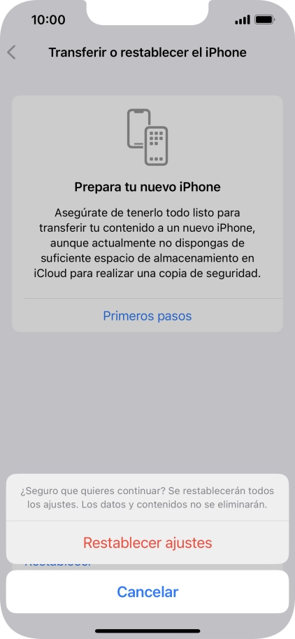 Pulsa Restablecer ajustes. Espera unos instantes mientras el teléfono restablece la configuración predeterminada. Sigue las indicaciones de la pantalla para configurar el teléfono y dejarlo listo para su uso.