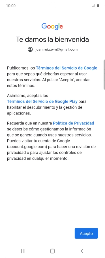 Pulsa Acepto y sigue las indicaciones de la pantalla para seleccionar los ajustes de tu cuenta de Google.