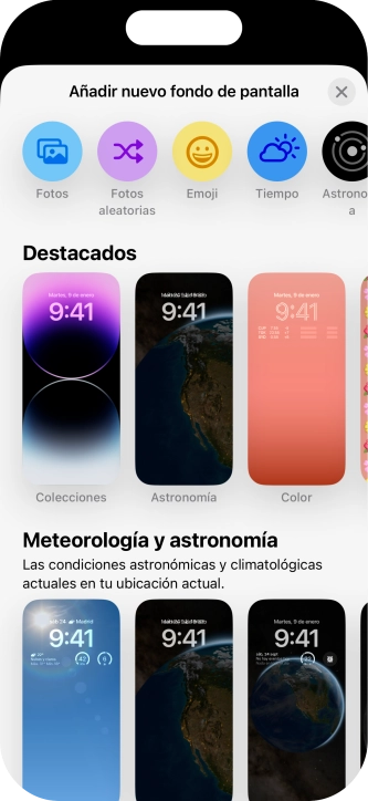 Pulsa una categoría y sigue las indicaciones de la pantalla para seleccionar la imagen de fondo deseada.