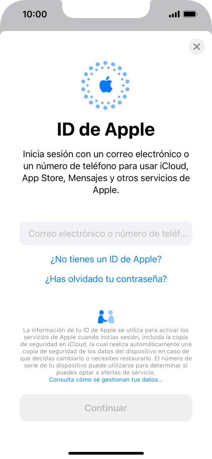 Si no tienes un ID de Apple, pulsa ¿No tienes un ID de Apple? y sigue las indicaciones de la pantalla para ver cómo crear un ID de Apple.