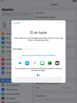 Si no tienes un ID de Apple, pulsa ¿No tienes un ID de Apple o lo has olvidado? y sigue las indicaciones de la pantalla para ver cómo crear un ID de Apple.