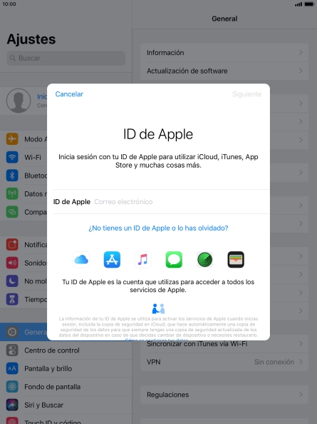 Si no tienes un ID de Apple, pulsa ¿No tienes un ID de Apple o lo has olvidado? y sigue las indicaciones de la pantalla para ver cómo crear un ID de Apple.