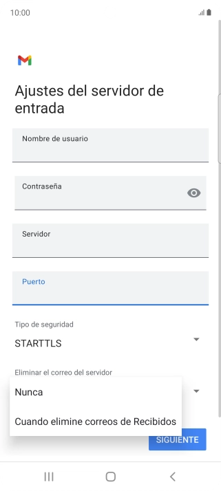 Pulsa Nunca para conservar los correos electrónicos en el servidor cuando los borras del teléfono.