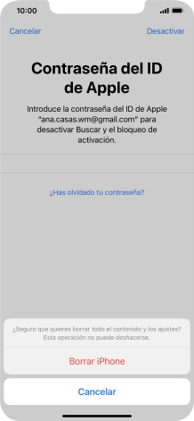 Introduce la contraseña de tu ID de Apple y pulsa Borrar iPhone. Espera unos instantes mientras el teléfono restablece la configuración predeterminada. Sigue las indicaciones de la pantalla para configurar el teléfono y dejarlo listo para su uso.