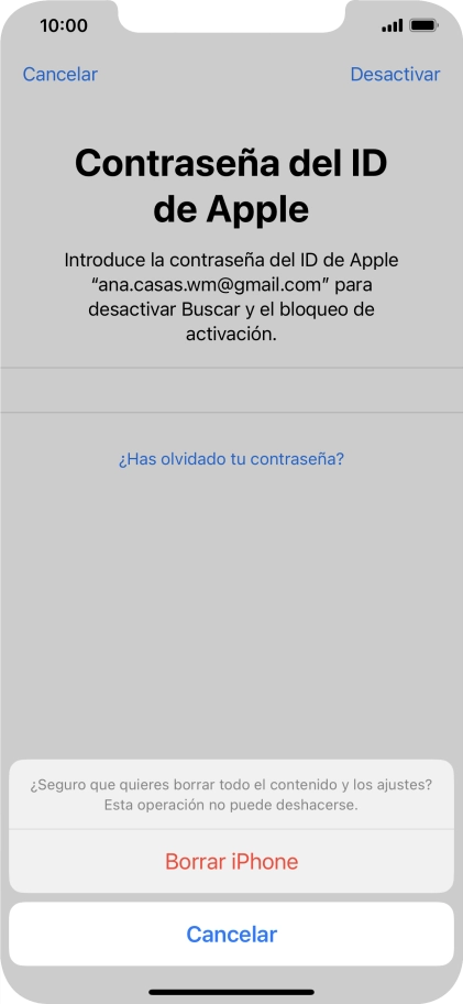 Introduce la contraseña de tu ID de Apple y pulsa Borrar iPhone. Espera unos instantes mientras el teléfono restablece la configuración predeterminada. Sigue las indicaciones de la pantalla para configurar el teléfono y dejarlo listo para su uso.