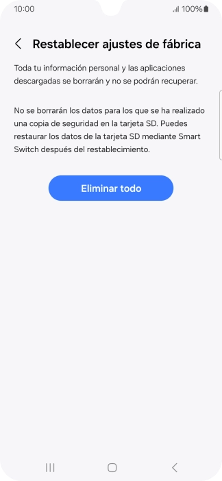 Pulsa Eliminar todo. Espera unos instantes mientras el teléfono restablece la configuración predeterminada. Sigue las indicaciones de la pantalla para configurar el teléfono y dejarlo listo para su uso.
