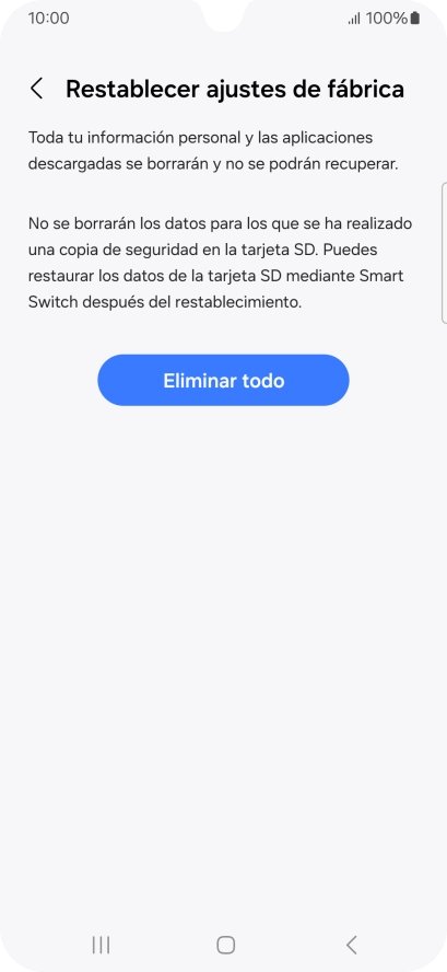 Pulsa Eliminar todo. Espera unos instantes mientras el teléfono restablece la configuración predeterminada. Sigue las indicaciones de la pantalla para configurar el teléfono y dejarlo listo para su uso.