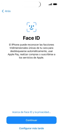 Sigue las indicaciones de la pantalla para activar el uso del reconocimiento facial (Face ID) o pulsa Configurar más tarde.