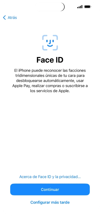 Sigue las indicaciones de la pantalla para activar el uso del reconocimiento facial (Face ID) o pulsa Configurar más tarde.